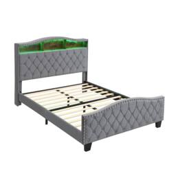 Merax Double Grey Velvet Upholstered Bed Frame with Storage LED Headboard - thumbnail 6