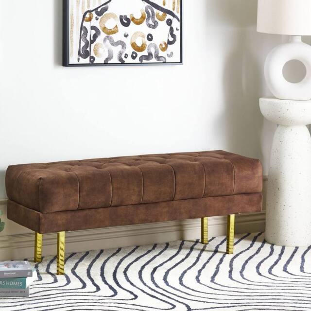 Wyld and Coco Brown Velvet Bench Gold Legs Tufted Upholstery W117 x D40 x H44cm - image 1