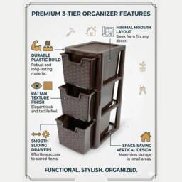 Kelvenix 3 Tier Plastic Choco Brown Medium Rattan Storage Drawers Unit - Size: 0.6m2 - thumbnail 3