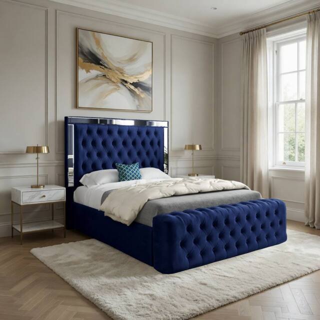 Casani Loweswater Mirror Upholstered Blue Soft Velvet Designer Bed Frame - Size: King - image 1