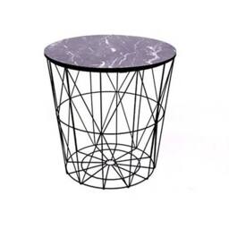 VOGREX Round Modern Side Table Black Metal Marble Effect Wood Geometric - thumbnail 3