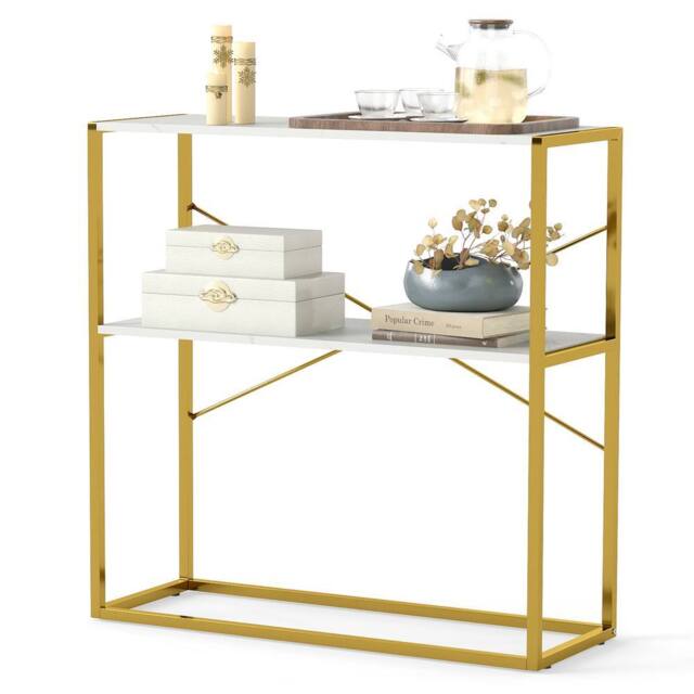 Gymax 2-Tier Entryway Table Console Table With Marble Textured Open Shelves in White - image 1