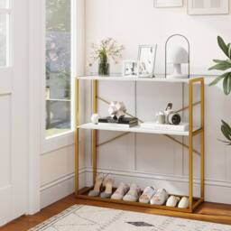 Gymax 2-Tier Entryway Table Console Table With Marble Textured Open Shelves in White - thumbnail 4