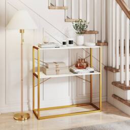 Gymax 2-Tier Entryway Table Console Table With Marble Textured Open Shelves in White - thumbnail 5