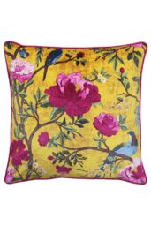 Paoletti Chinoiserie Floral Printed Piped Cushion in Gold - Size: 50 cm x 50 cm