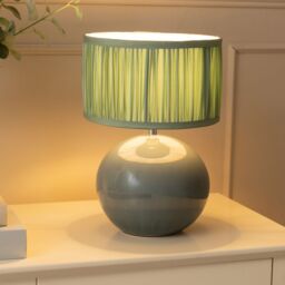 ValueLights Bosco Eucalyptus Ceramic Table Lamp with Ruched Pleated Fabric Drum Lamp Shade in Pale Green - thumbnail 1