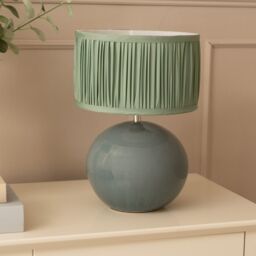 ValueLights Bosco Eucalyptus Ceramic Table Lamp with Ruched Pleated Fabric Drum Lamp Shade in Pale Green - thumbnail 3