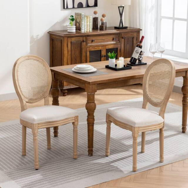 HomeTouch Set of 6 French Style Rattan Back Kitchen Dining Chairs with Linen Fabric Upholstered Seat in Beige - Size: 6 Pack - image 1