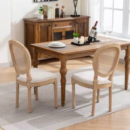 HomeTouch Set of 6 French Style Rattan Back Kitchen Dining Chairs with Linen Fabric Upholstered Seat in Beige - Size: 6 Pack - thumbnail 5