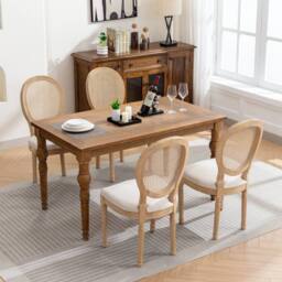 HomeTouch Set of 6 French Style Rattan Back Kitchen Dining Chairs with Linen Fabric Upholstered Seat in Beige - Size: 6 Pack - thumbnail 3