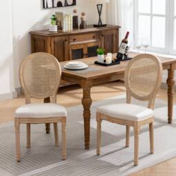 HomeTouch Set of 6 French Style Rattan Back Kitchen Dining Chairs with Linen Fabric Upholstered Seat in Beige - Size: 6 Pack - thumbnail 4
