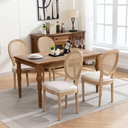 HomeTouch Set of 6 French Style Rattan Back Kitchen Dining Chairs with Linen Fabric Upholstered Seat in Beige - Size: 6 Pack - thumbnail 2