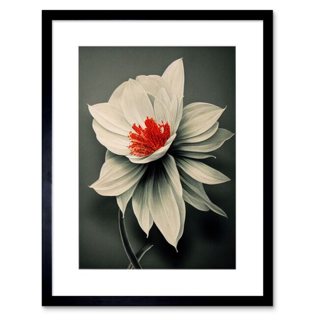 "Artery8 Wall Art Print Realistic Greyscale Macro Flower Floral Bloom with Orange Red Stamen Artwork Framed 9X7 Inch in Black - Size: W7"" x H9""" - image 1
