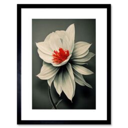 "Artery8 Wall Art Print Realistic Greyscale Macro Flower Floral Bloom with Orange Red Stamen Artwork Framed 9X7 Inch in Black - Size: W7"" x H9""" - thumbnail 1