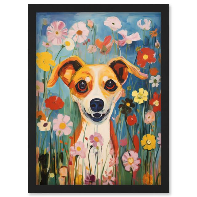 Artery8 Wall Art Print Chihuahua in the Wildflowers Artwork Colourful Meadow Dog Portrait Artwork Framed A4 in Black - image 1