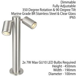 Loops 450mm IP65 Twin Outdoor Lamp Post Bollard Light Tilting GU10 Marine Grade Steel in Metallics - thumbnail 2