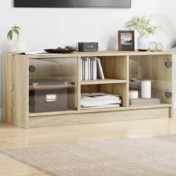 Berkfield Home TV Cabinet with Glass Doors Sonoma Oak 102x37x42 cm in Brown - Size: 102 x 37 x 42 cm