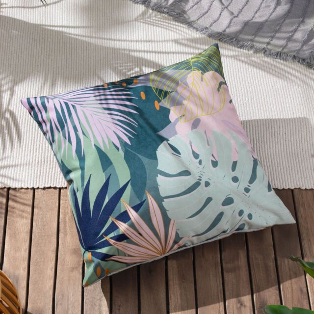 Furn Leafy Palm Sqaure Water & UV Resistant Outdoor Cushion in Teal - image 1