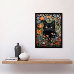 Artery8 Black Cat In Wildflower Meadow Flowers Floral Design Illustration Art Print Framed Poster Wall Decor - Size: A4 - thumbnail 4