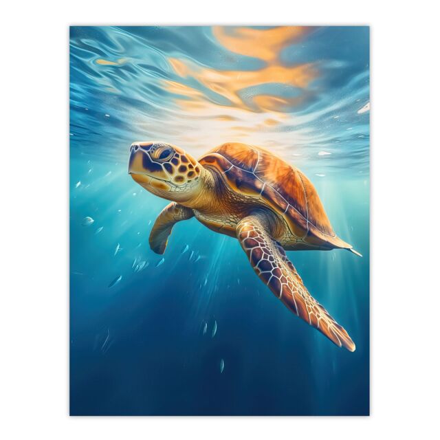 "Artery8 Sea Turtle Barbados Marine Swimming Blue Clear Water Unframed Wall Art Print Poster Home Decor Premium - Size: W12"" x H16""" - image 1