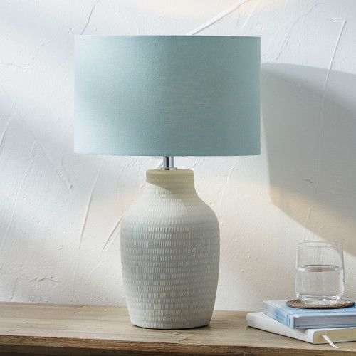 Ruma Duck Egg Blue Scandi Textured Ceramic Table Lamp Nordic Line Pattern - image 1