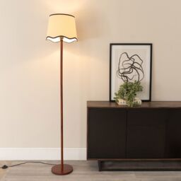 ValueLights Heather Dark Wood Single Stem Floor Lamp with Scallop Edge Tapered Lamp Shade in Black - thumbnail 1
