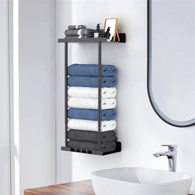 Nordara Towel Holder Rack Bathroom Storage Rack Wall Mounted with Shelf Hooks in Black - image 1