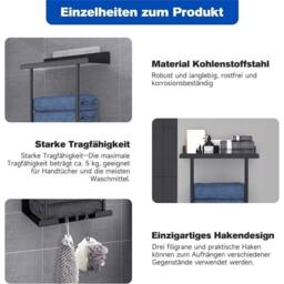 Nordara Towel Holder Rack Bathroom Storage Rack Wall Mounted with Shelf Hooks in Black - thumbnail 2