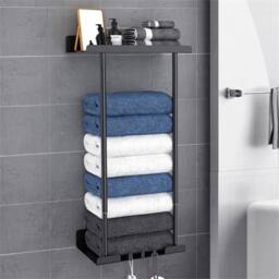 Nordara Towel Holder Rack Bathroom Storage Rack Wall Mounted with Shelf Hooks in Black - thumbnail 7