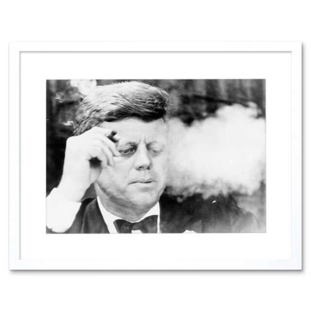 Artery8 President John Kennedy Smoking Cigar JFK Black & White Vintage Photograph Artwork Framed Wall Art Print 12X16 Inch - image 1