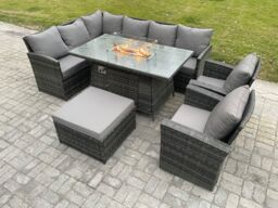 Fimous 9 Seater Outdoor Rattan Garden Furniture Set Corner Sofa Gas Fire Pit Dining Table Sets with Big Footstool 2 Armchair Dark Grey Mixed - thumbnail 2