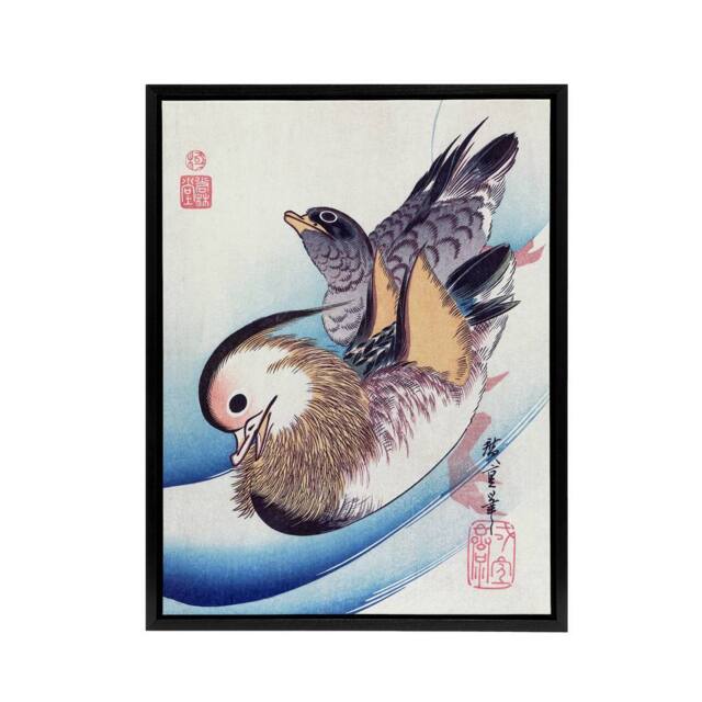 "Artery8 Two Mandarin Ducks in a Lake Framed Canvas Wall Art Print Hiroshige in Blue - Size: W12"" x H16""" - image 1