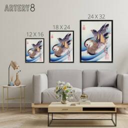 "Artery8 Two Mandarin Ducks in a Lake Framed Canvas Wall Art Print Hiroshige in Blue - Size: W12"" x H16""" - thumbnail 4