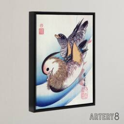 "Artery8 Two Mandarin Ducks in a Lake Framed Canvas Wall Art Print Hiroshige in Blue - Size: W12"" x H16""" - thumbnail 2