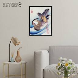 "Artery8 Two Mandarin Ducks in a Lake Framed Canvas Wall Art Print Hiroshige in Blue - Size: W12"" x H16""" - thumbnail 3