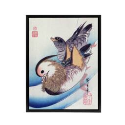 "Artery8 Two Mandarin Ducks in a Lake Framed Canvas Wall Art Print Hiroshige in Blue - Size: W12"" x H16""" - thumbnail 1