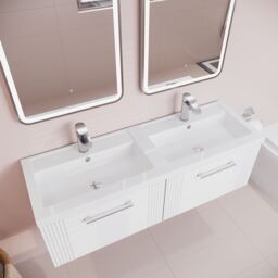 Balterley Wall Hung 2 Drawers Vanity Unit - 2 Polymarble Basin 1200mm, Satin White - thumbnail 3