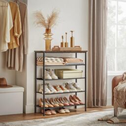 VASAGLE Narrow Shoe Organiser Fabric Shelves Steel Frame Industrial Style in Brown