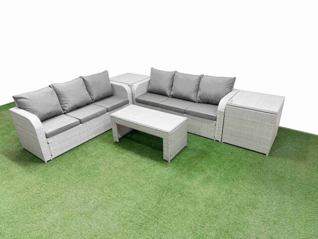 Fimous Outdoor Garden Furniture Sets 6 Seater Wicker Rattan Furniture Sofa Sets with Oblong Coffee Table high Back Lounge Sofa 2 Side Table Light Grey - image 1