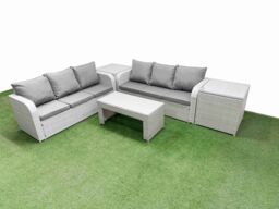 Fimous Outdoor Garden Furniture Sets 6 Seater Wicker Rattan Furniture Sofa Sets with Oblong Coffee Table high Back Lounge Sofa 2 Side Table Light Grey - thumbnail 2