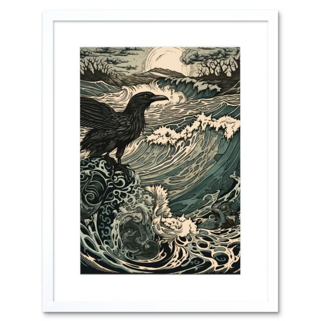 "Artery8 Wall Art Print Raven & Crashing Waves Coastal Sunrise Landscape Artwork Framed 9X7 Inch in White - Size: W7"" x H9""" - image 1