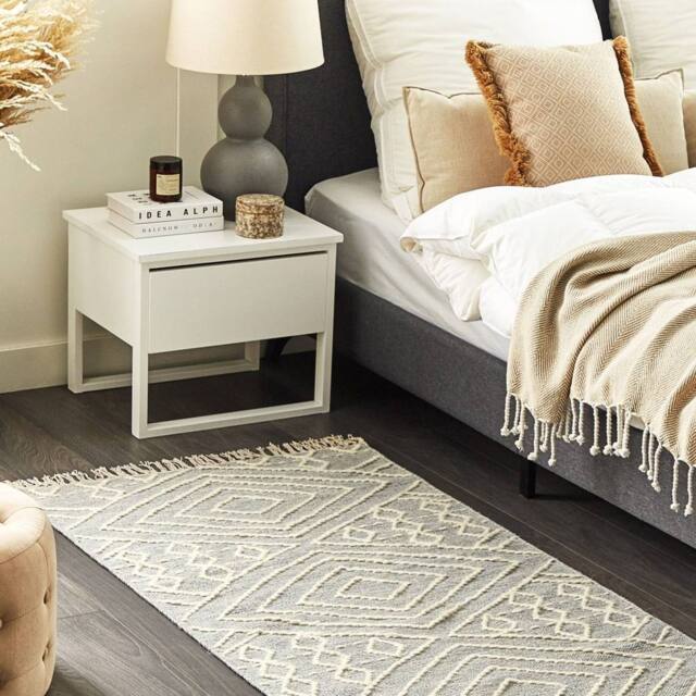 Wyld and Coco Runes Off-White Grey Geometric Rug 80 x 150 cm Cotton-Wool Tassels - Size: 80 cm x 150 cm - image 1