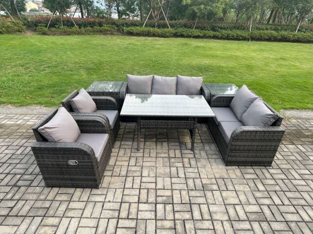 Fimous Dark Grey Rattan Garden Furniture Set Reclining Chair Love Sofa 2 Seater Sofa Set Outdoor Rectangular Dining Table 2 Side Tables 7 Seater - image 1