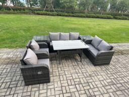 Fimous Dark Grey Rattan Garden Furniture Set Reclining Chair Love Sofa 2 Seater Sofa Set Outdoor Rectangular Dining Table 2 Side Tables 7 Seater - thumbnail 2