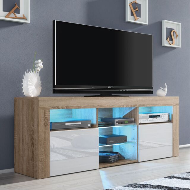 Creative Furniture Pulse TV Unit 145cm - A Stylish & Practical Cabinet with Gloss Doors & LED Lights in Light Oak - image 1