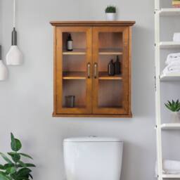 Teamson Home Wall-Mounted Bathroom Cabinet with Glass Doors, Oiled Oak in Tan