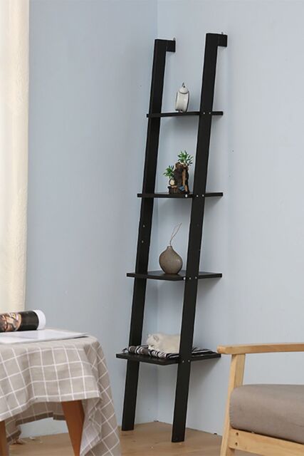 Living and Home 4-Tier Industrial Ladder Shelf Bookcase Rack Bookshelf Wooden Storage Unit Plant Stand in Black - image 1