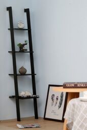 Living and Home 4-Tier Industrial Ladder Shelf Bookcase Rack Bookshelf Wooden Storage Unit Plant Stand in Black - thumbnail 3
