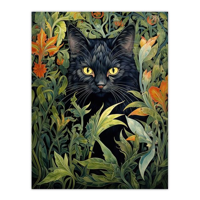 Artery8 Wall Art Print Black Cat Hiding In Flower Field Modern William Morris Style Painting Orange Green Spring Bloom Animal Portrait Poster - image 1