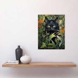 Artery8 Wall Art Print Black Cat Hiding In Flower Field Modern William Morris Style Painting Orange Green Spring Bloom Animal Portrait Poster - thumbnail 4